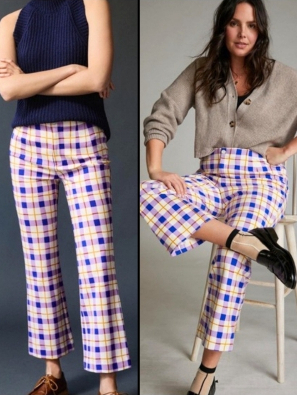 Anthropologie Maeve Susanna Flare Pants Purple Plaid Stretch Retro Trousers XS